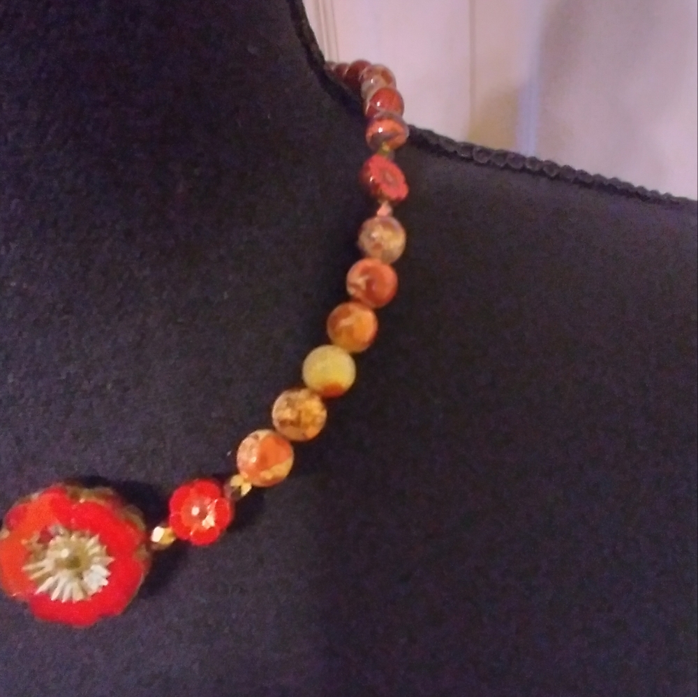 ✨️17" Picasso Jasper & Czech Glass🌺Flower Necklace ✨️ - Picture 3 of 9